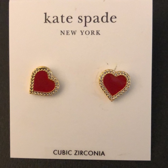 Kate Spade Gold Tone Take Heart Red Enamel & Clear CZ Heart Stud Earrings NWT - Picture 5 of 14